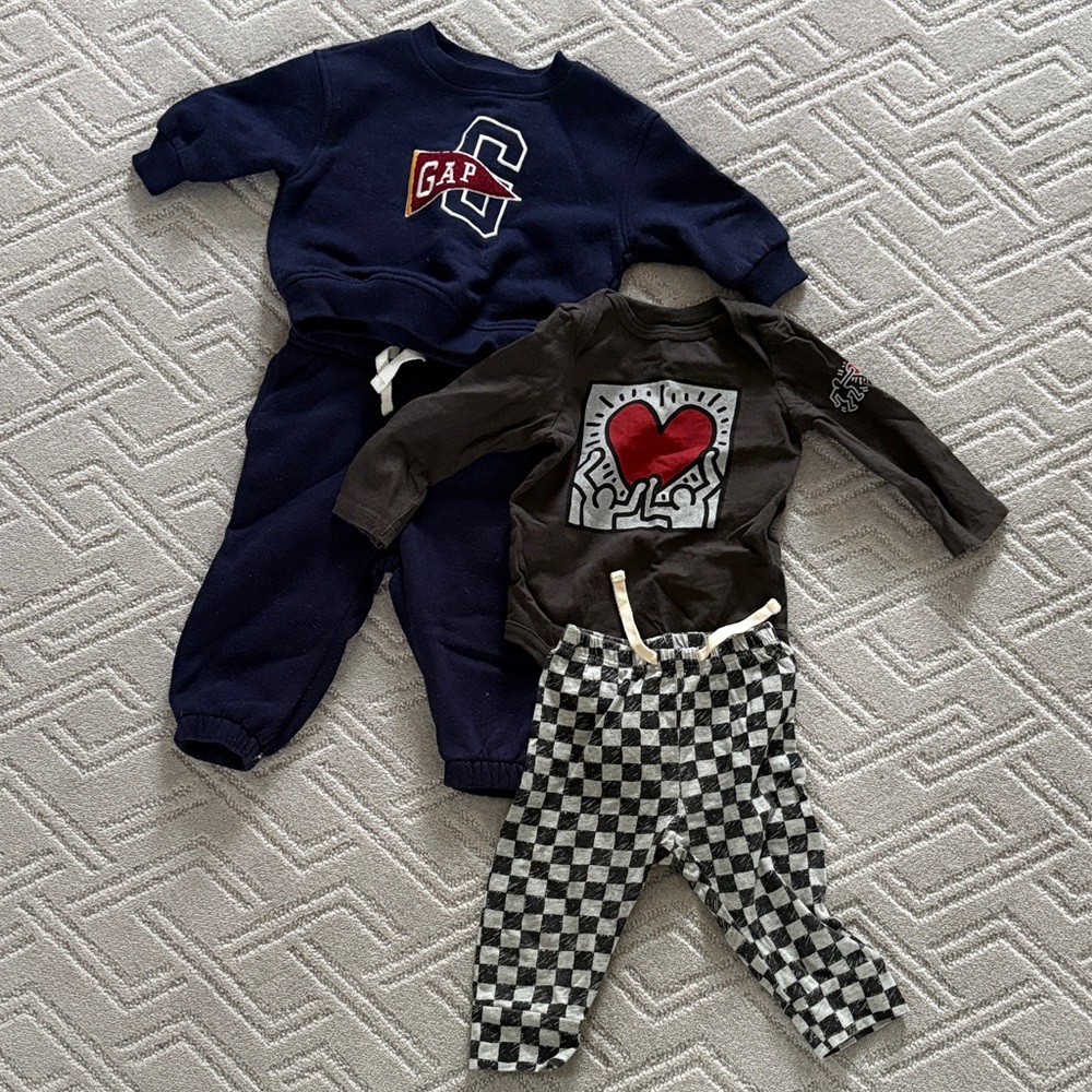 GAP Navy Sweatsuit, keith haring onesie and Black-and-White Checker Pants